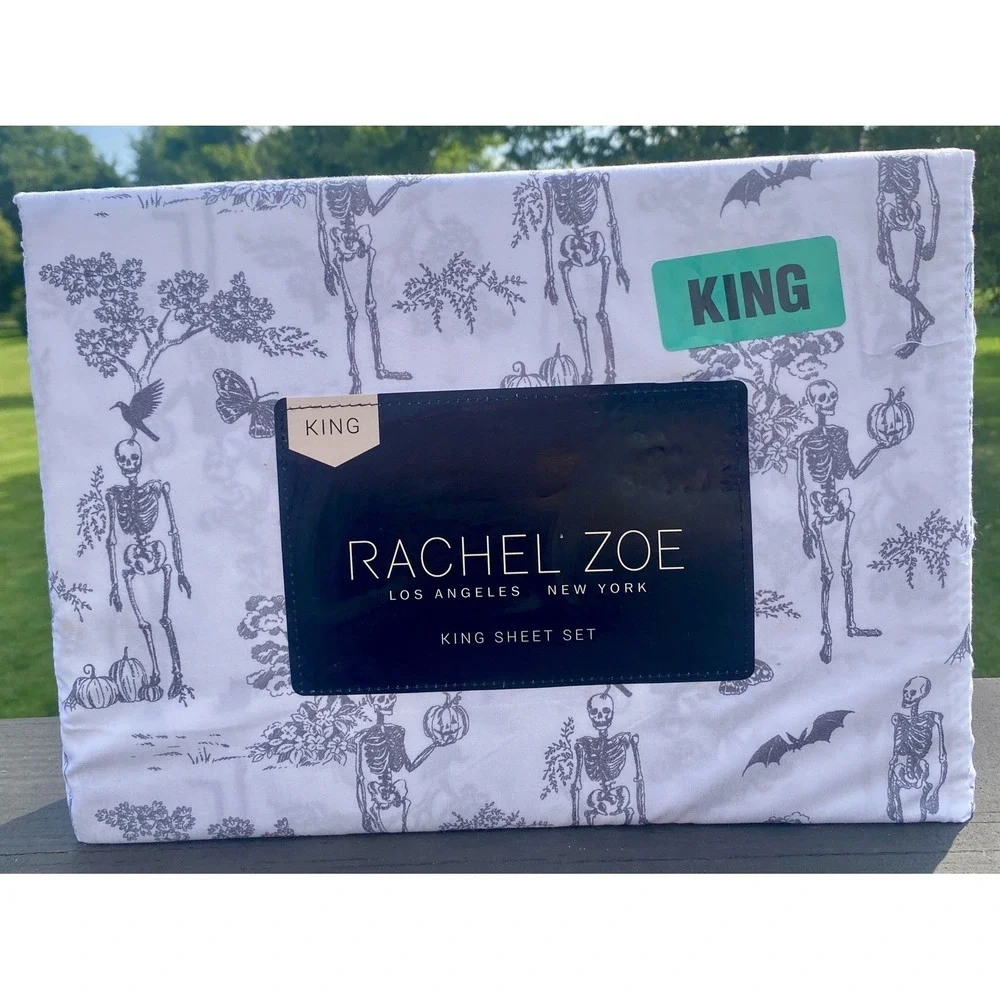Rachel Zoe Halloween King Sheet Set Skeleton Toile Bats Microfiber Fast Ship New